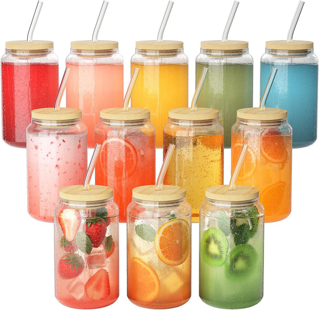Finew 12-Pack Can Shaped Glasses – 16oz Cups with Bamboo Lids & Straws