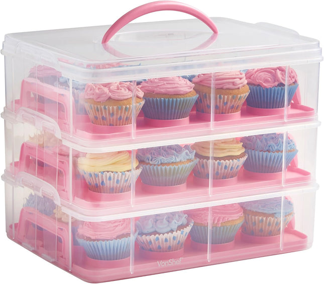 VonShef Cupcake Carrier with Handle – Pink Three Tier Cake Box