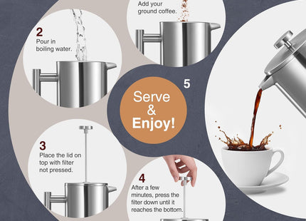 VonShef 12 Cup Cafetiere with 2-in-1 Spoon – 1.5L Stainless Steel