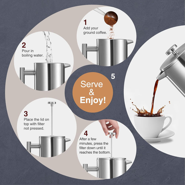 VonShef 12 Cup Cafetiere with 2-in-1 Spoon – 1.5L Stainless Steel