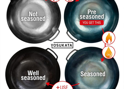 YOSUKATA 34 cm Blue Carbon Steel Wok Pan – Pre-Seasoned Flat Bottom