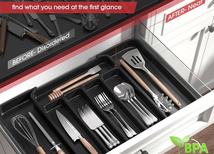 Aujen Expandable Cutlery Drawer Organiser – Adjustable Utensil Tray, Black