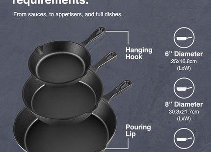 VonShef 3-Piece Cast Iron Skillet Pan Set – 6", 8", & 10" Non-Stick Pans