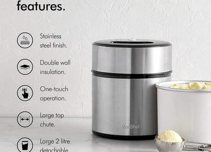 VonShef Ice Cream Maker Machine – 2L Frozen Yoghurt & Sorbet Maker, Stainless Steel