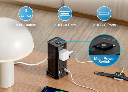 VonHaus 12-in-1 Surge Protected Tower Extension Lead – 2M Cable