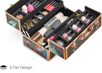 Beautify Make Up Vanity Case, Travel Jungle Print 3 Tier Makeup Box