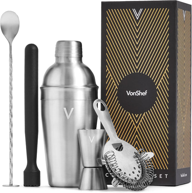 VonShef Manhattan Silver Cocktail Shaker Set – 5 Piece Stainless Steel Bar Kit