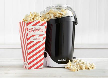 VonShef Popcorn Maker – 1200W Hot Air Popcorn Machine, Oil-Free Snack Maker with One Touch Operation & 6 Retro Boxes – Black