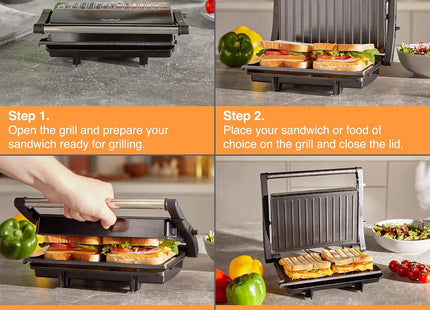 VonShef Panini Press Grill – 2 Slice Sandwich Toaster, 1000W –  Black