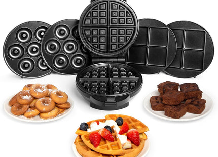 VonShef 3-in-1 Waffle, Doughnut & Brownie Maker – 800W, Non-Stick Removable Plates, Cool Touch Handle, Compact Design – Black