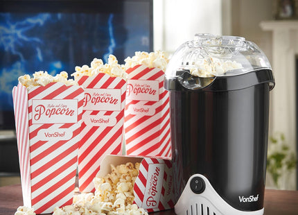 VonShef Popcorn Maker – 1200W Hot Air Popcorn Machine, Oil-Free Snack Maker with One Touch Operation & 6 Retro Boxes – Black