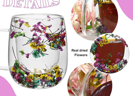 ZaoKing Double-Walled Glass Mug with Dried Flowers – 350ml Insulated Cup