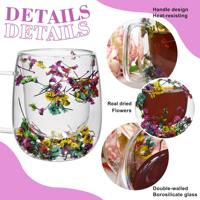 ZaoKing Double-Walled Glass Mug with Dried Flowers – 350ml Insulated Cup