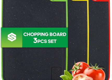 BOCHION 3-Piece Colour-Coded Chopping Board Set – BPA-Free, Non-Slip Cutting Boards
