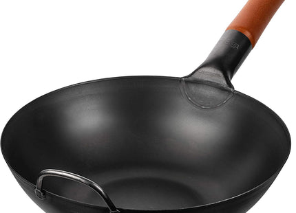 YOSUKATA 30 cm Carbon Steel Wok – Pre-Seasoned Flat Bottom Stir Fry Pan