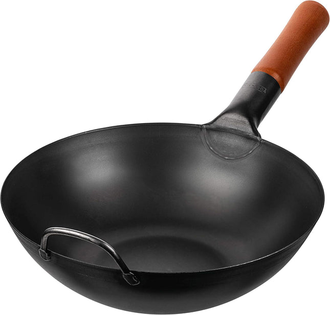 YOSUKATA 30 cm Carbon Steel Wok – Pre-Seasoned Flat Bottom Stir Fry Pan