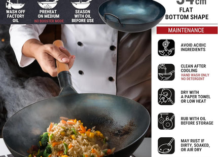 YOSUKATA 34 cm Blue Carbon Steel Wok Pan – Pre-Seasoned Flat Bottom
