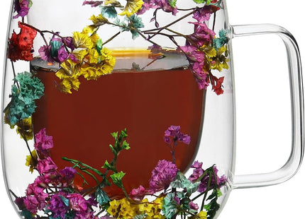 ZaoKing Double-Walled Glass Mug with Dried Flowers – 350ml Insulated Cup