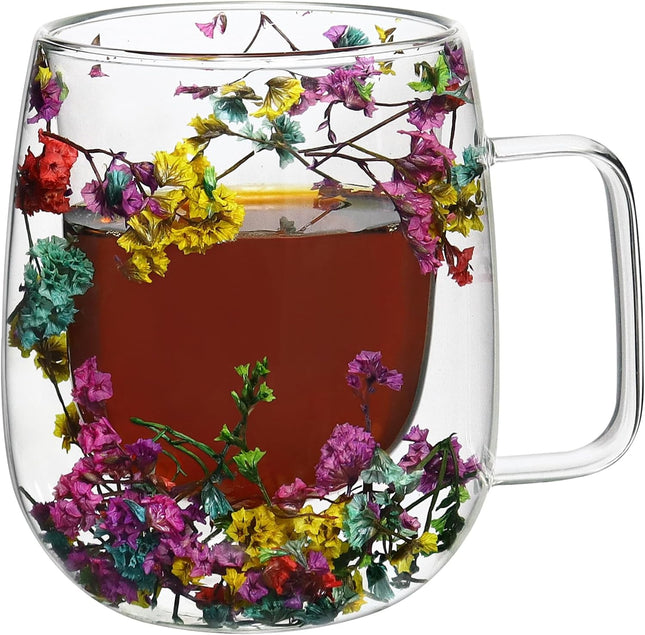 ZaoKing Double-Walled Glass Mug with Dried Flowers – 350ml Insulated Cup