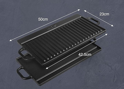 VonShef Reversible Cast Iron BBQ Griddle Pan with Handles – 50cm, Pre-Seasoned Non-Stick, Double-Sided for Hob, Oven & BBQ