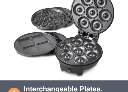 VonShef 3-in-1 Waffle, Doughnut & Brownie Maker – 800W, Non-Stick Removable Plates, Cool Touch Handle, Compact Design – Black