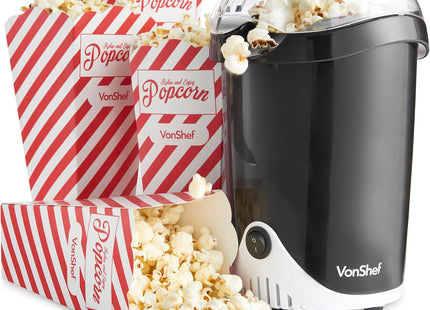 VonShef Popcorn Maker – 1200W Hot Air Popcorn Machine, Oil-Free Snack Maker with One Touch Operation & 6 Retro Boxes – Black