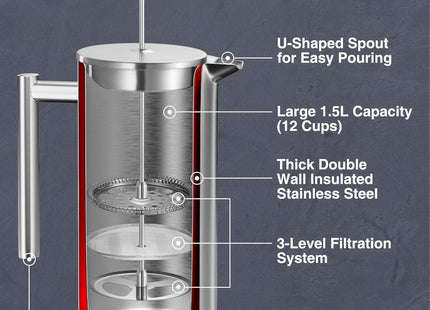 VonShef 12 Cup Cafetiere with 2-in-1 Spoon – 1.5L Stainless Steel