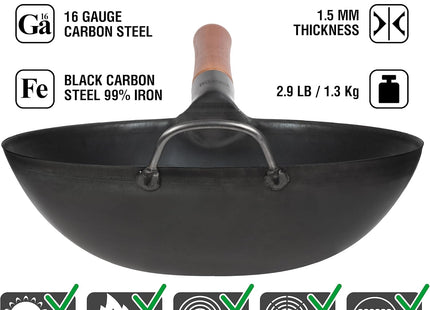YOSUKATA 30 cm Carbon Steel Wok – Pre-Seasoned Flat Bottom Stir Fry Pan