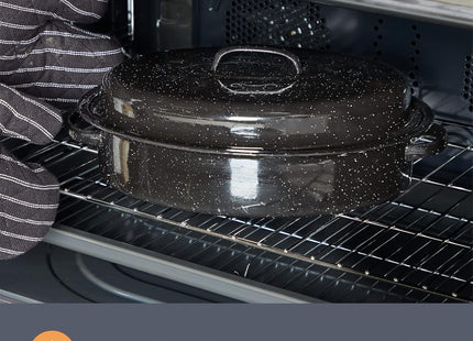 VonShef 38cm Enamel Roaster with Lid – Deep Oval Self-Basting Roasting Tin (4L)