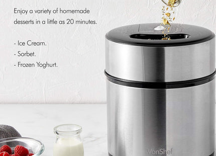 VonShef Ice Cream Maker Machine – 2L Frozen Yoghurt & Sorbet Maker, Stainless Steel