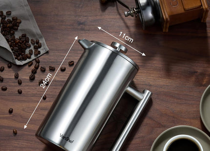 VonShef 12 Cup Cafetiere with 2-in-1 Spoon – 1.5L Stainless Steel