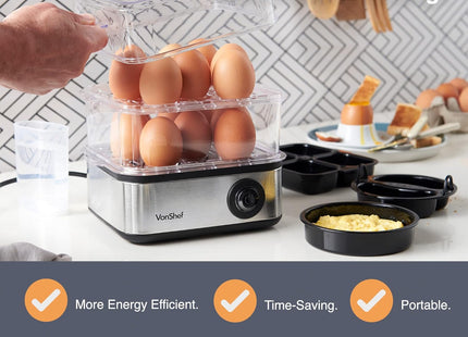 VonShef 3-in-1 Egg Boiler, Poacher & Omelette Maker – 16 Egg Capacity, Stainless Steel 500W Electric Cooker with Auto Shut-Off