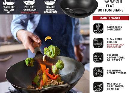 YOSUKATA 30 cm Carbon Steel Wok – Pre-Seasoned Flat Bottom Stir Fry Pan