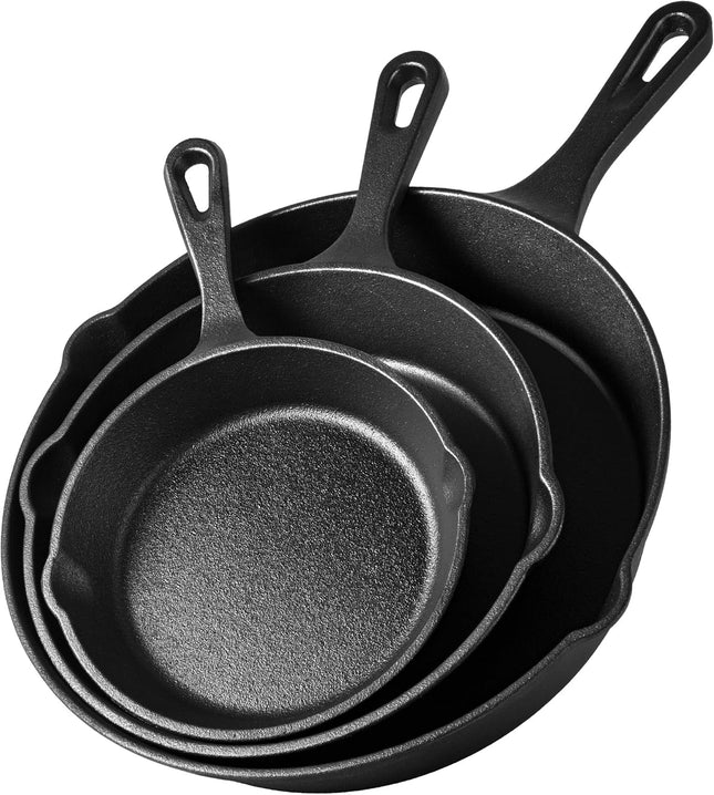 VonShef 3-Piece Cast Iron Skillet Pan Set – 6", 8", & 10" Non-Stick Pans