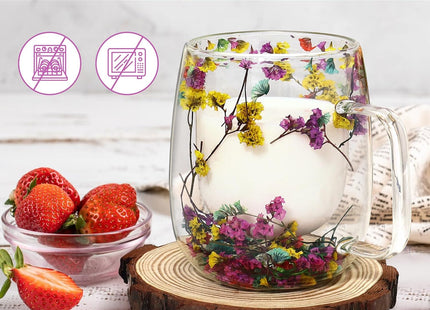 ZaoKing Double-Walled Glass Mug with Dried Flowers – 350ml Insulated Cup