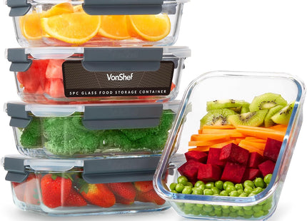 VonShef 5-Piece Glass Food Container Set – 1L Meal Prep Boxes