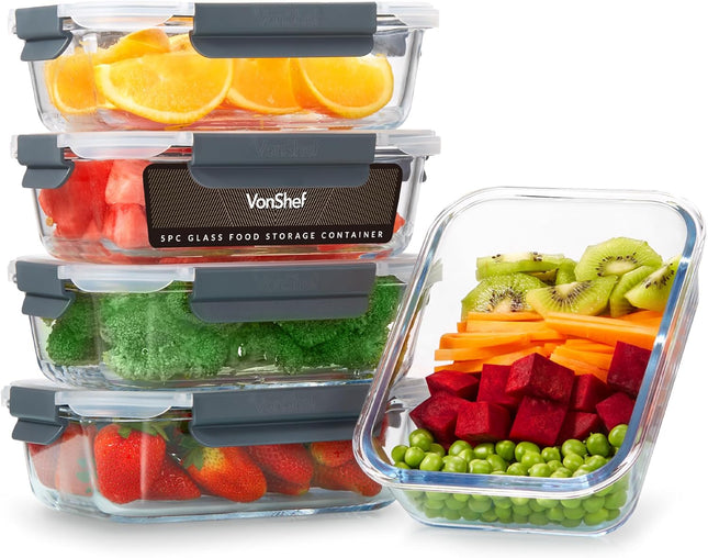 VonShef 5-Piece Glass Food Container Set – 1L Meal Prep Boxes