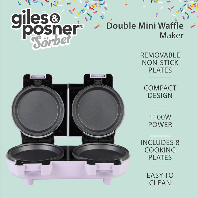 Giles & Posner Double Waffle Maker – Mini Dual Snack Maker, Pastel Purple, 1100W