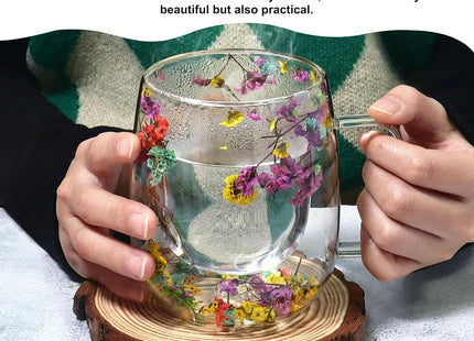 ZaoKing Double-Walled Glass Mug with Dried Flowers – 350ml Insulated Cup
