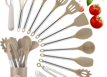 DLD 23-Piece Silicone Kitchen Utensils Set – Stainless Steel Handles – Beige