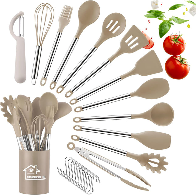 DLD 23-Piece Silicone Kitchen Utensils Set – Stainless Steel Handles – Beige