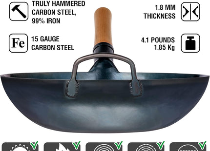 YOSUKATA 34 cm Blue Carbon Steel Wok Pan – Pre-Seasoned Flat Bottom