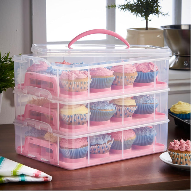 VonShef Cupcake Carrier with Handle – Pink Three Tier Cake Box