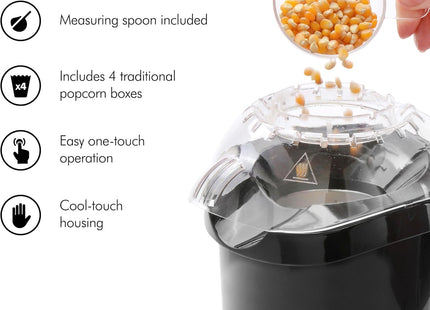 VonShef Popcorn Maker – 1200W Hot Air Popcorn Machine, Oil-Free Snack Maker with One Touch Operation & 6 Retro Boxes – Black