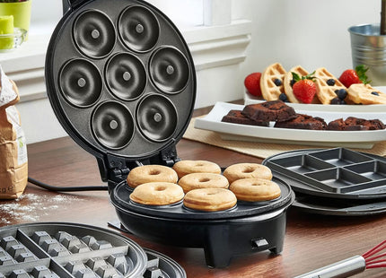 VonShef 3-in-1 Waffle, Doughnut & Brownie Maker – 800W, Non-Stick Removable Plates, Cool Touch Handle, Compact Design – Black