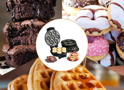 VonShef 3-in-1 Waffle, Doughnut & Brownie Maker – 800W, Non-Stick Removable Plates, Cool Touch Handle, Compact Design – Black