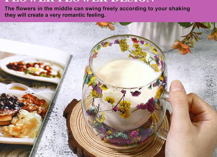 ZaoKing Double-Walled Glass Mug with Dried Flowers – 350ml Insulated Cup