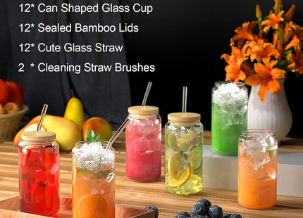 Finew 12-Pack Can Shaped Glasses – 16oz Cups with Bamboo Lids & Straws