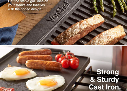 VonShef Reversible Cast Iron BBQ Griddle Pan with Handles – 50cm, Pre-Seasoned Non-Stick, Double-Sided for Hob, Oven & BBQ