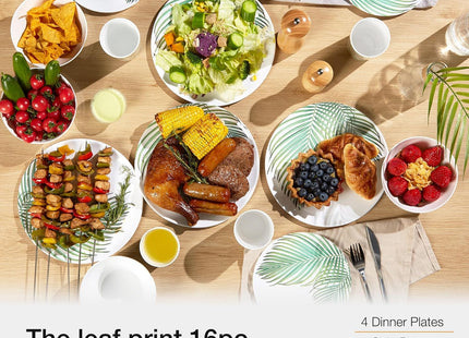 VonShef 16-Piece Melamine Dinnerware Set – Leaf Print Outdoor Dining Collection